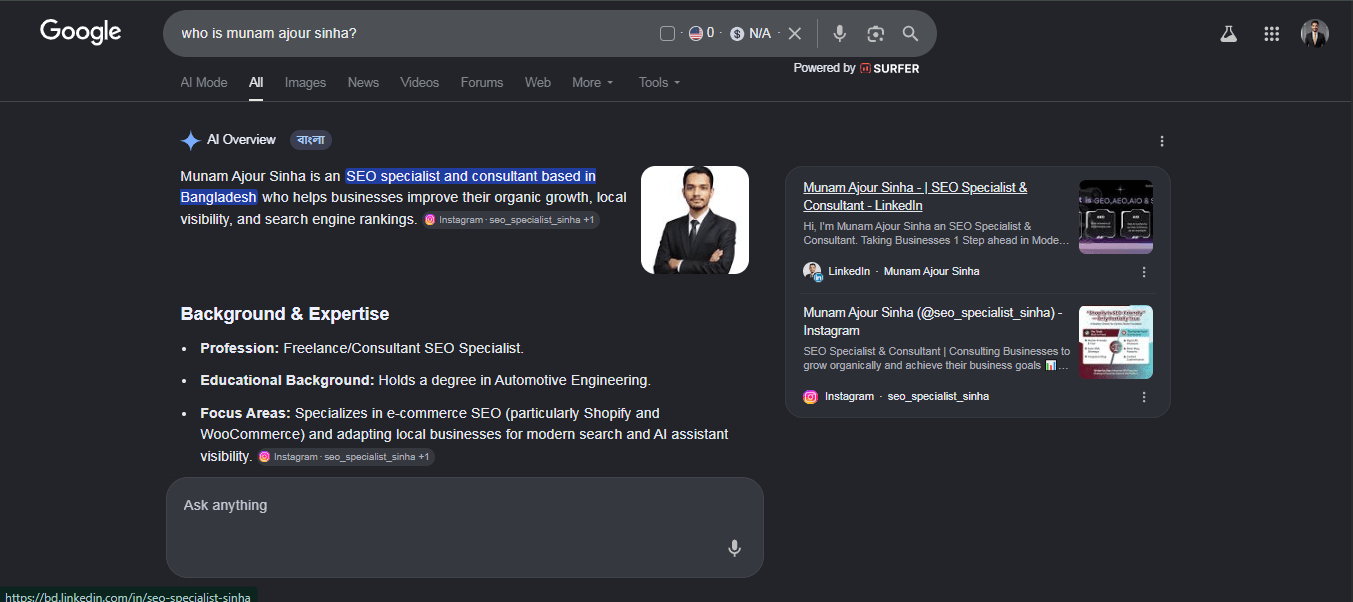 Showing result on Google AI Overviews about Munam Ajour Sinha SEO Specialist & AI Search Grower